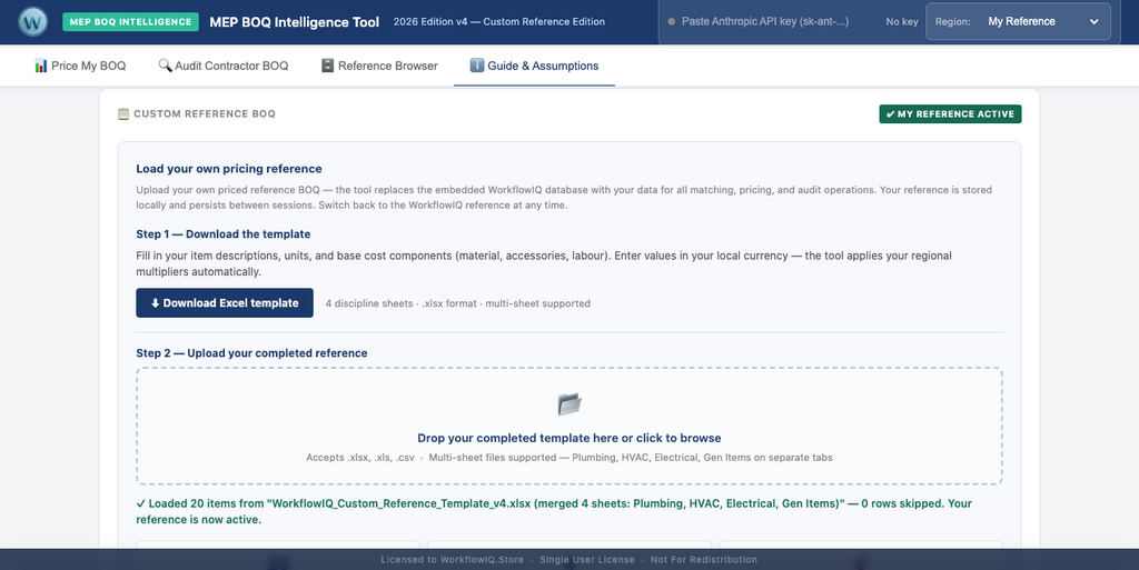 MEP BOQ Intelligence Tool v4 — Custom Reference Edition