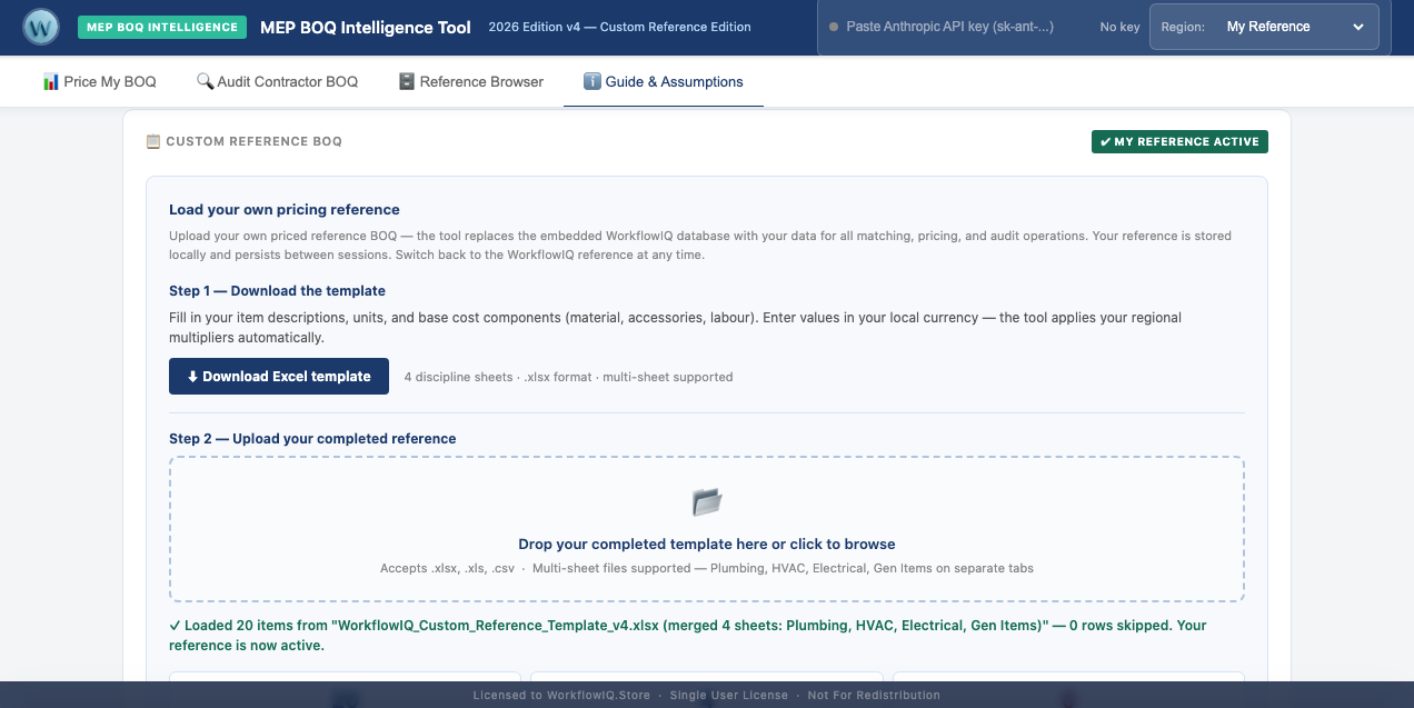 MEP BOQ Intelligence Tool v4 — Custom Reference Edition