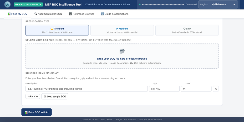 MEP BOQ Intelligence Tool v4 — Custom Reference Edition